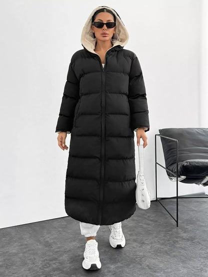 Quilted Hooded Longline Puffer Coat Black - Fashorio