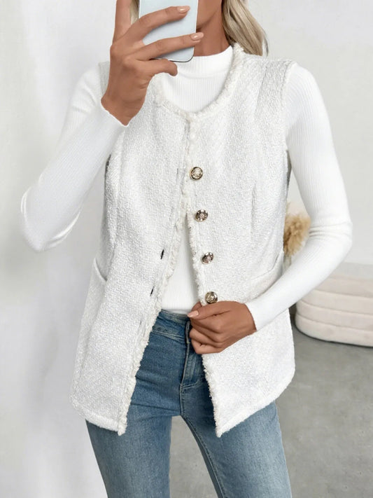 Textured Button-Front Vest with Raw Edge White - Fashorio