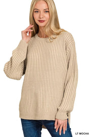 Zenana Curved Hem Two-Tone Ribbed Sweater LT MOCHA - Fashorio