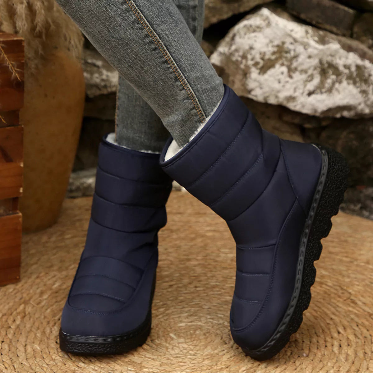 Round toe faux leather platform boots heel detail