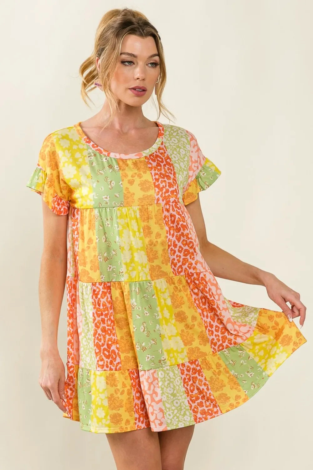 Leopard Print Tiered Dress in Orange detail