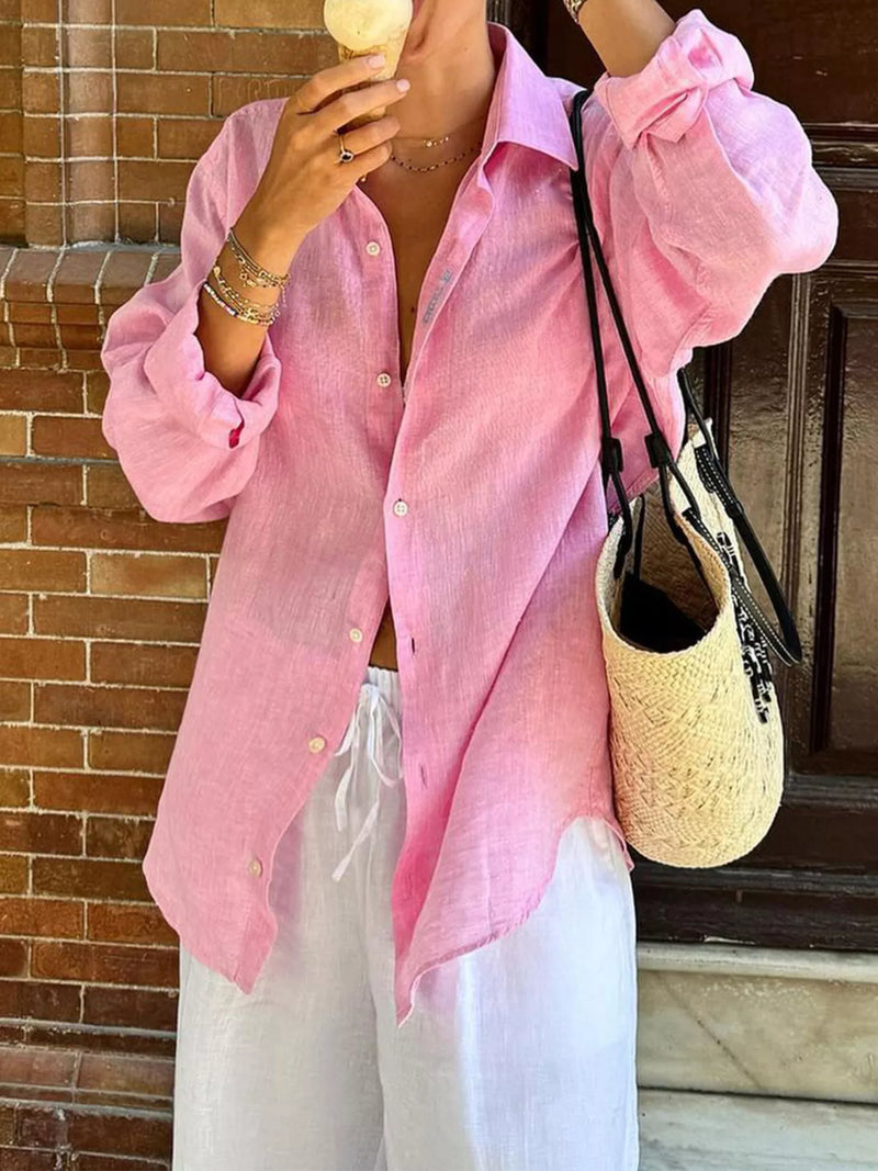 Pink cotton button up long sleeve shirt front view