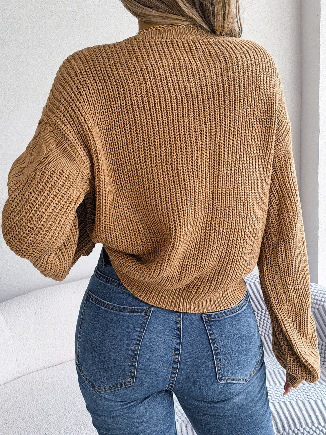 Cable-Knit Round Neck Drop Shoulder Sweater - Fashorio