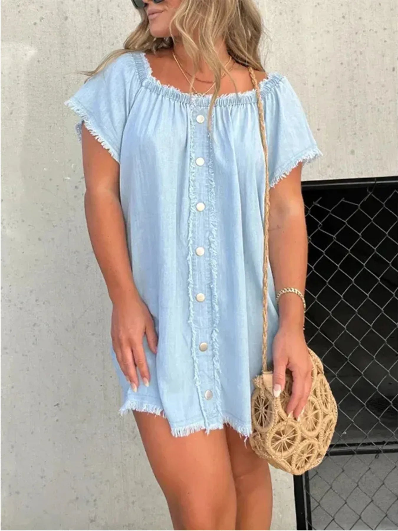 Full Size Raw Hem Mini Denim Dress Plus Size - Fashorio
