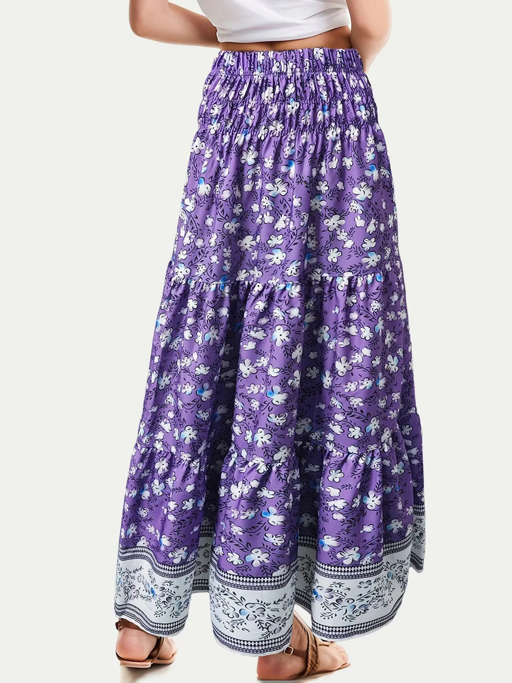 Back view of printed elastic waist skirt