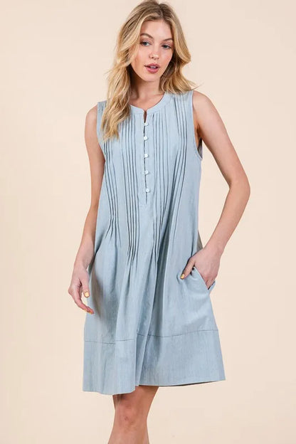 Lime 'N' Chili Denim Pintuck Detail Sleeveless Midi Dress - Fashorio
