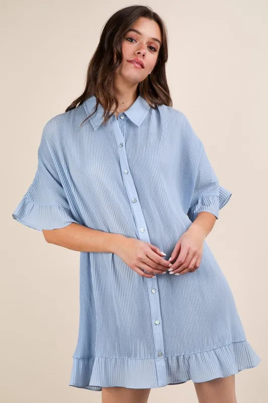 Pleated Button Down Mini Dress in Sky Blue back view