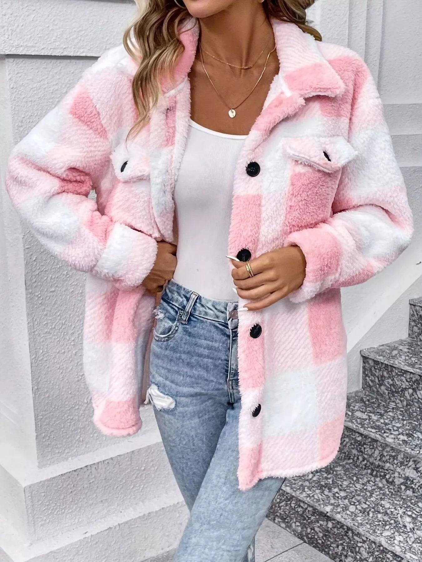 Plaid Fleece Button-Up Outerwear - Fashorio