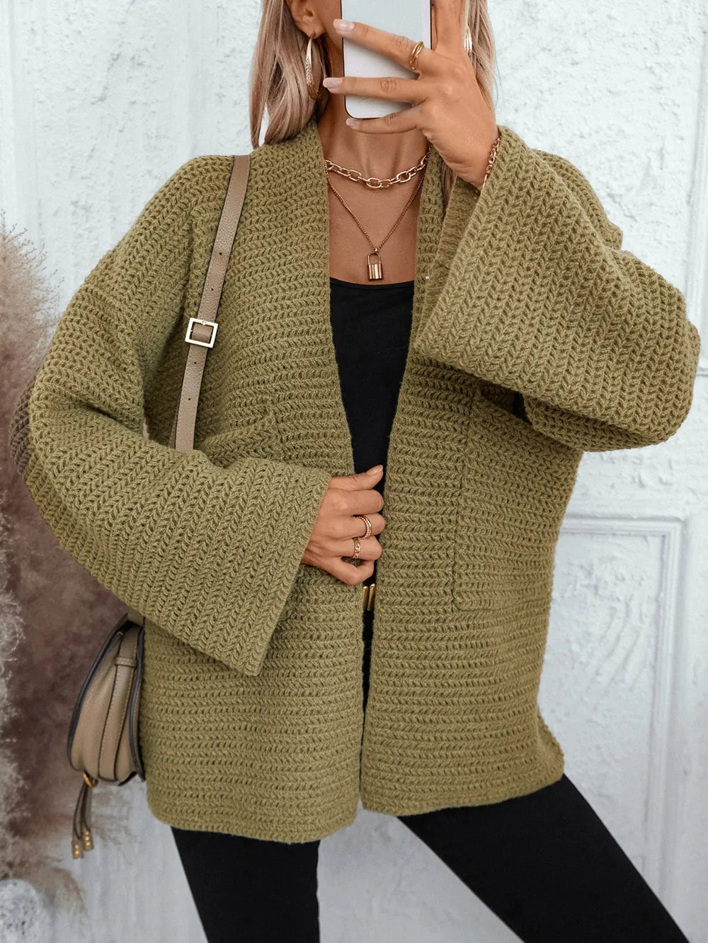 Open Front Long Sleeve Cardigan - Fashorio