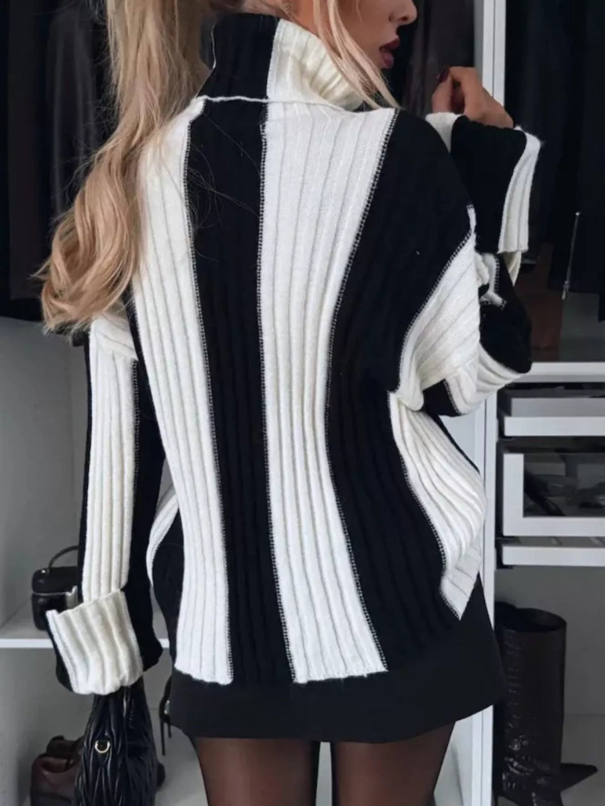 color block ribbed turtleneck sweater side view