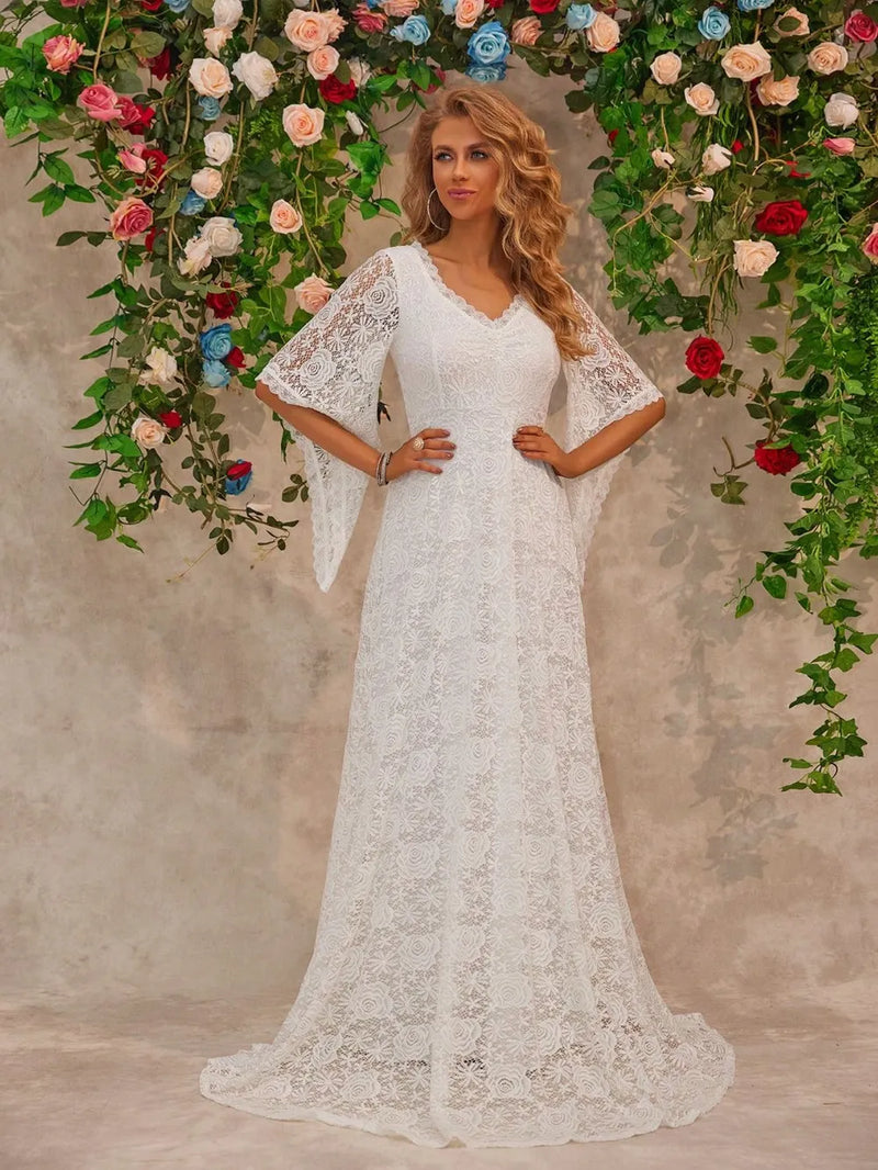 Lace v neck floor length dress front view