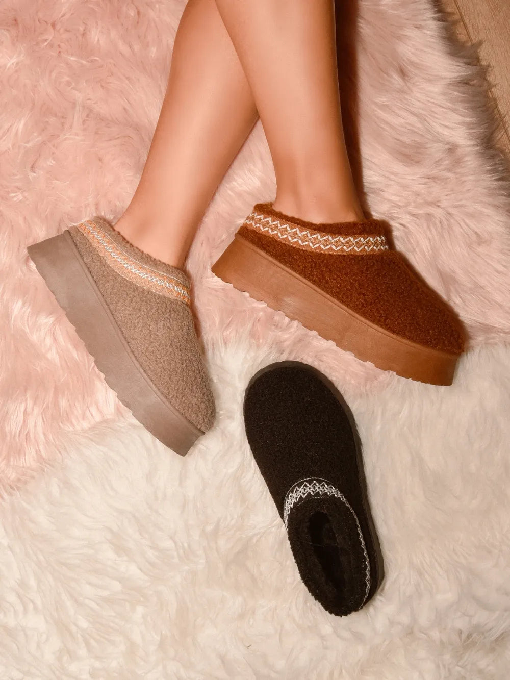 Embroidered trim platform sherpa boots side profile