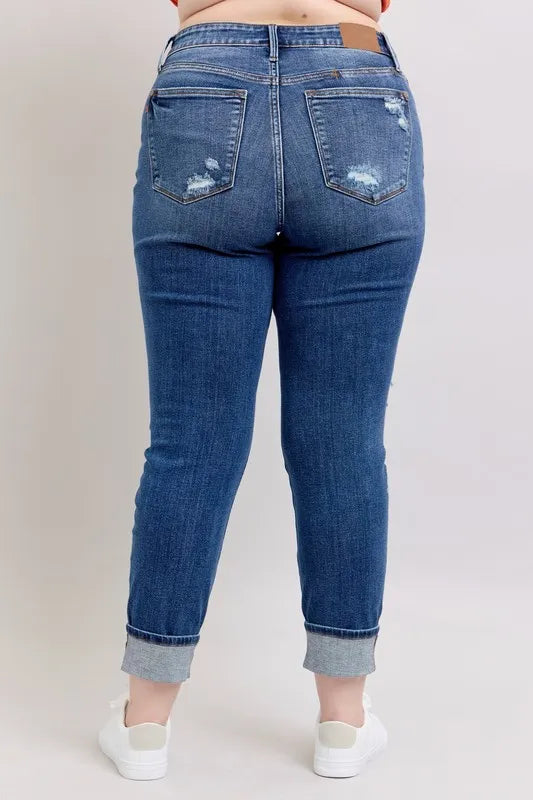 Judy Blue Full Size Mid Rise Boyfriend destroy Jeans with Yoke Pockets and Faux Selvedge Cuff Plus Size - Fashorio