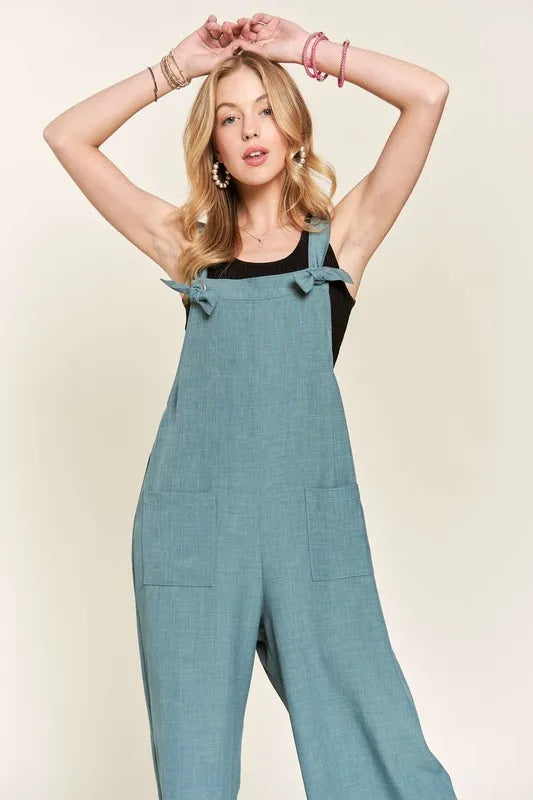 Knotted Wide Strap Wide Leg Overalls styled look