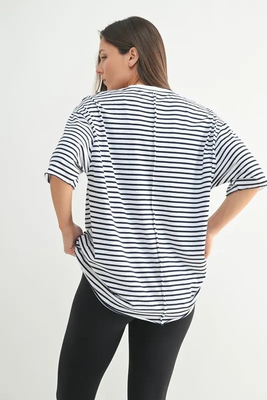 Oversized crewneck striped top side profile
