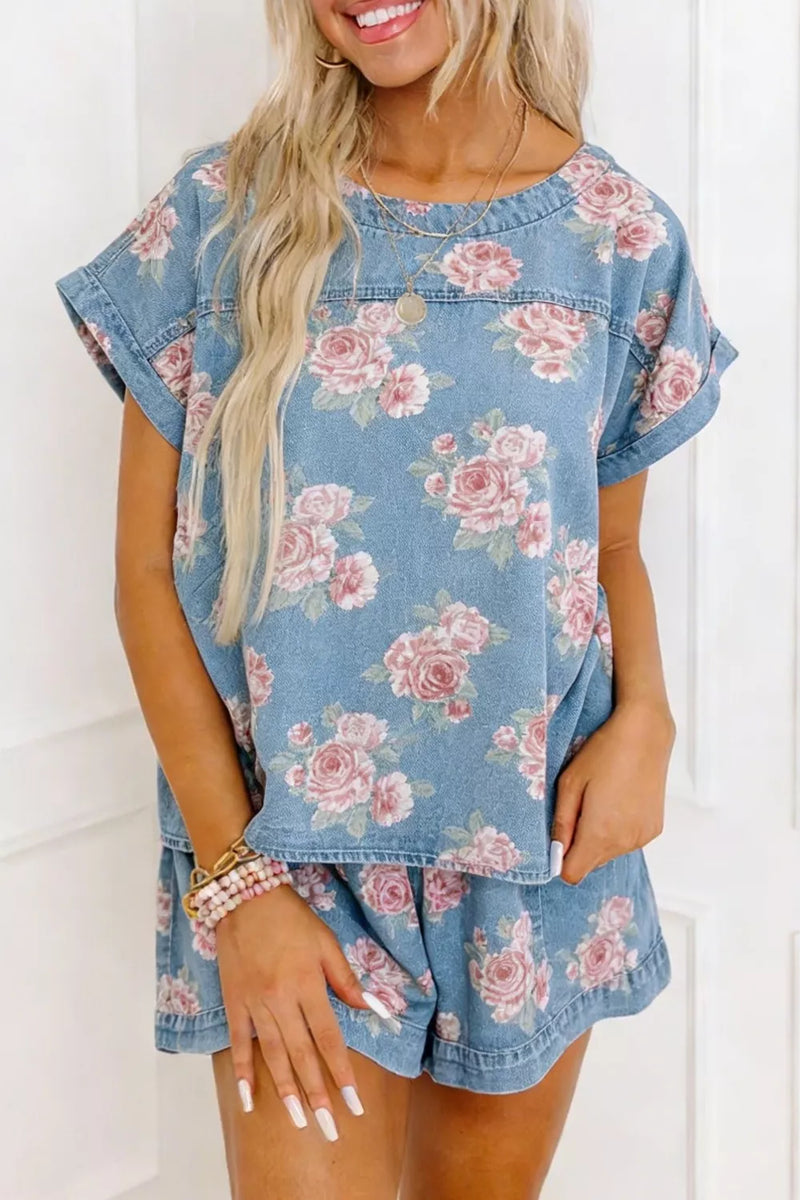 Floral print top and denim shorts set front view