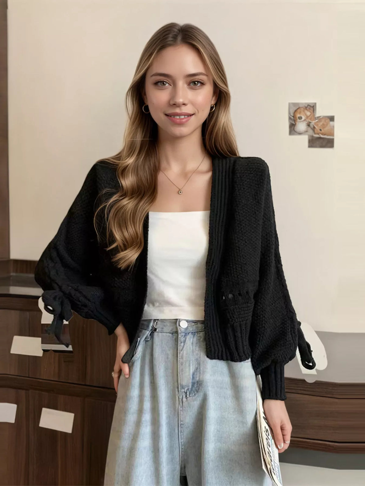 chunky knit tie front cardigan styled outfit