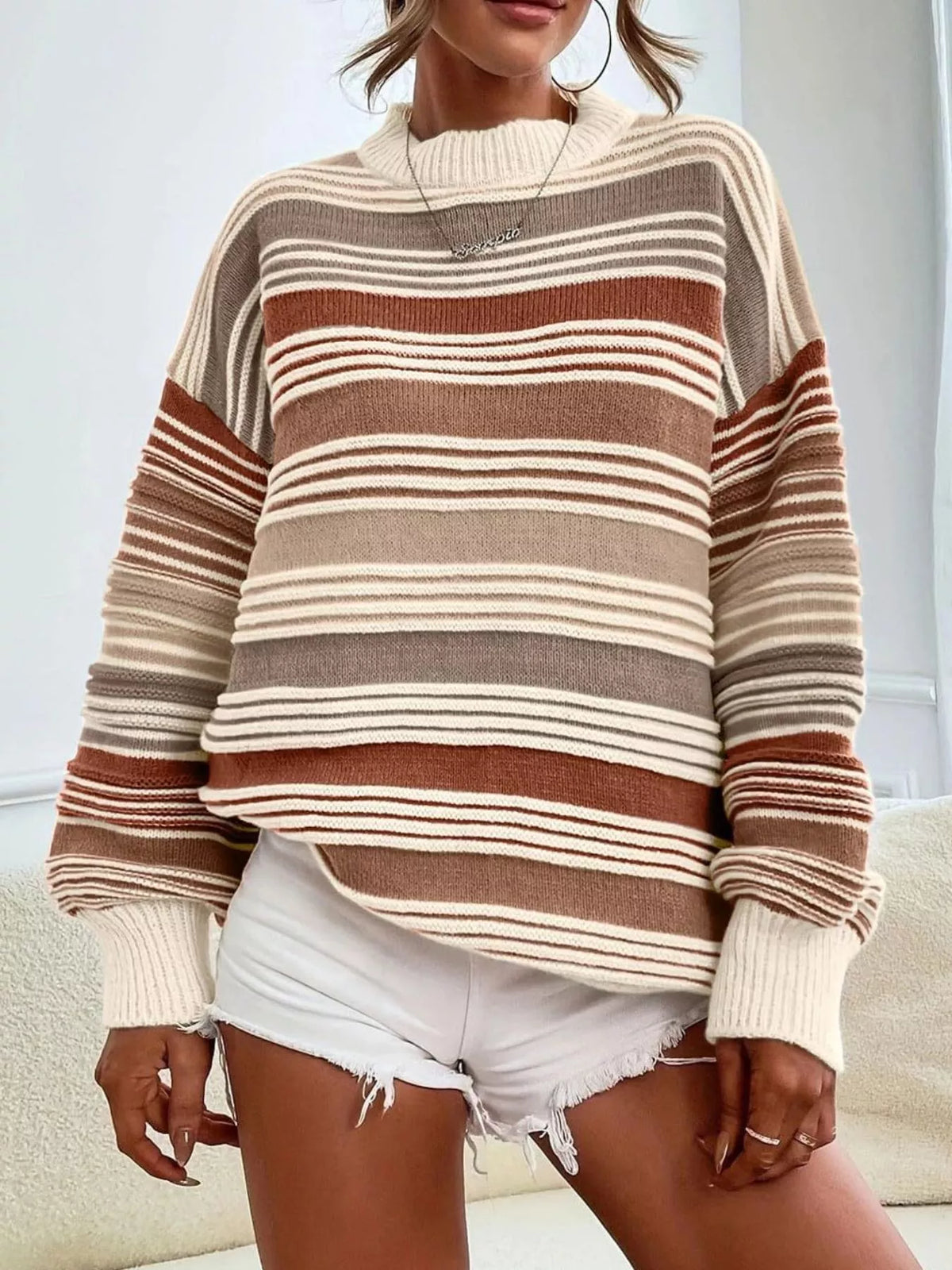 Striped knit long sleeve sweater, studio back view
