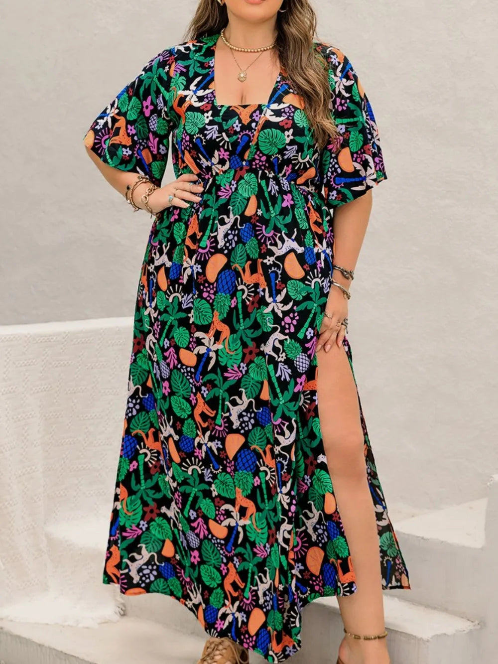 Plus size maxi dress side view showing drape