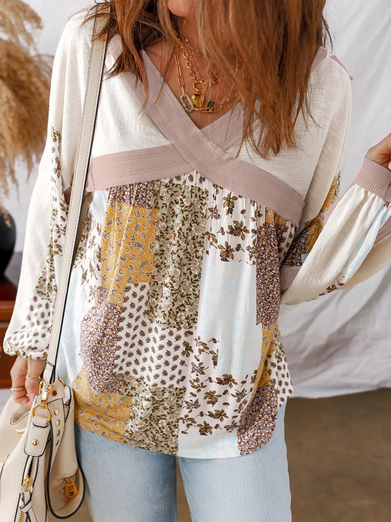 Floral Printed Contrast Patchwork Long Sleeve Top - Fashorio