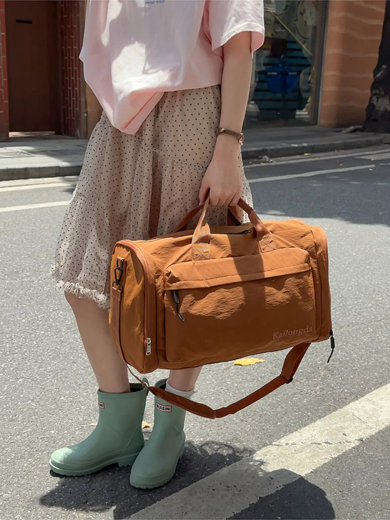 Brown Oxford cloth duffel bag front view