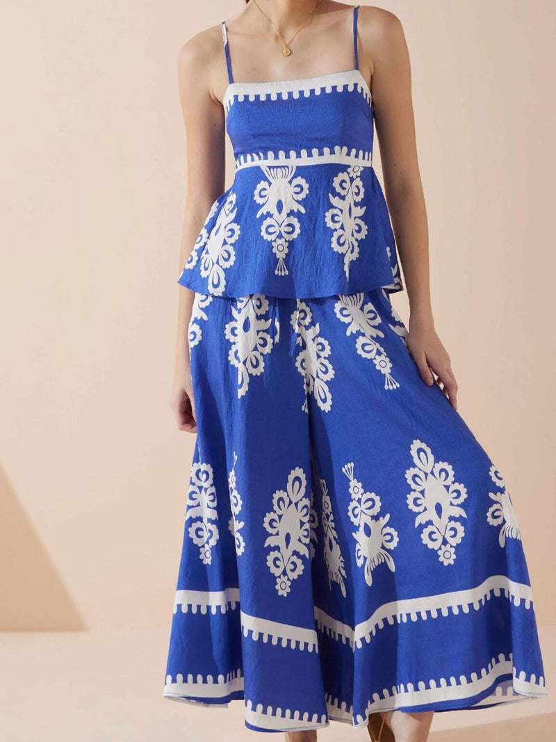 Printed smocked cami and wide leg pants set front view