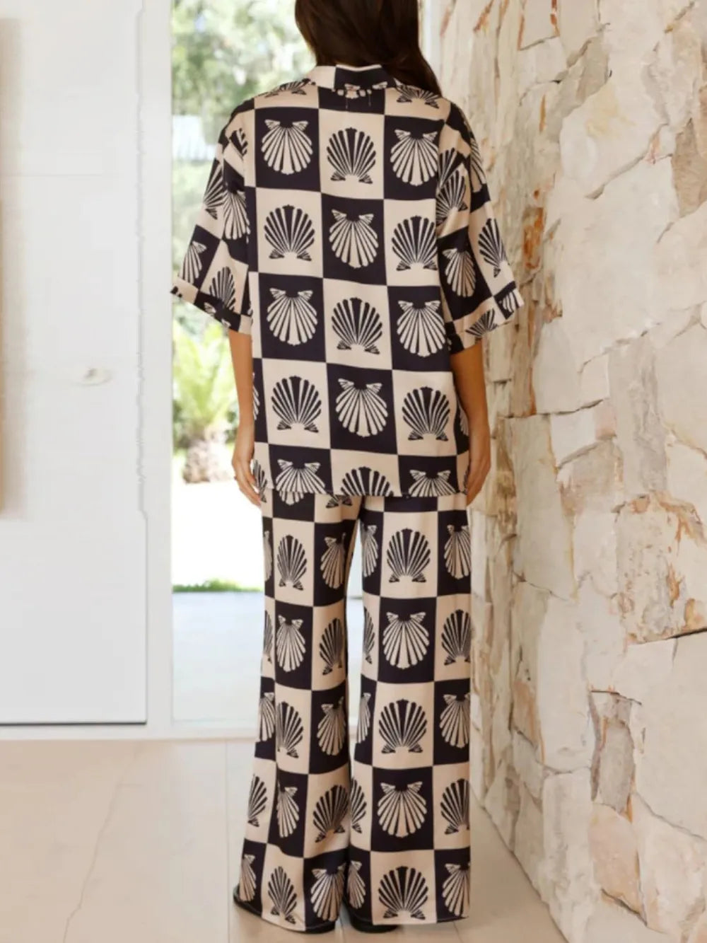 Printed Collared Top and Wide Leg Pants Set, view 7