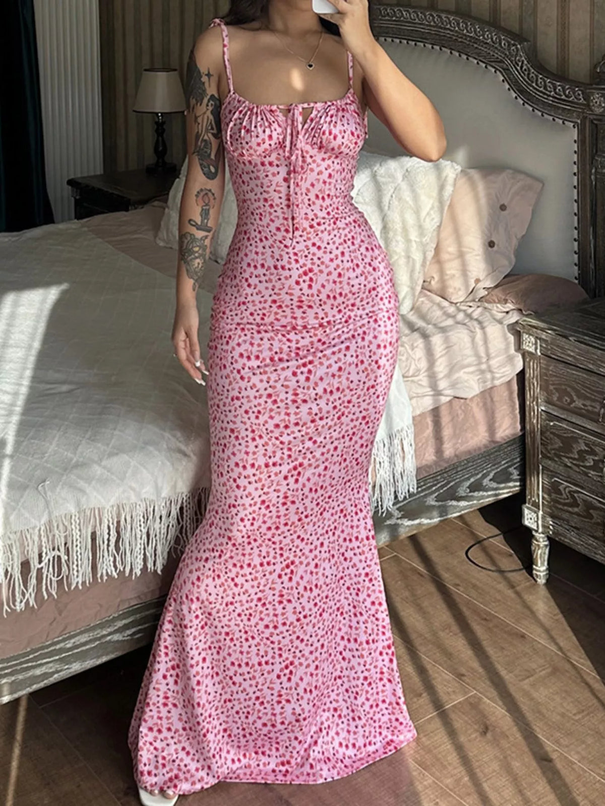 Floral tie strap bodycon maxi dress full length view
