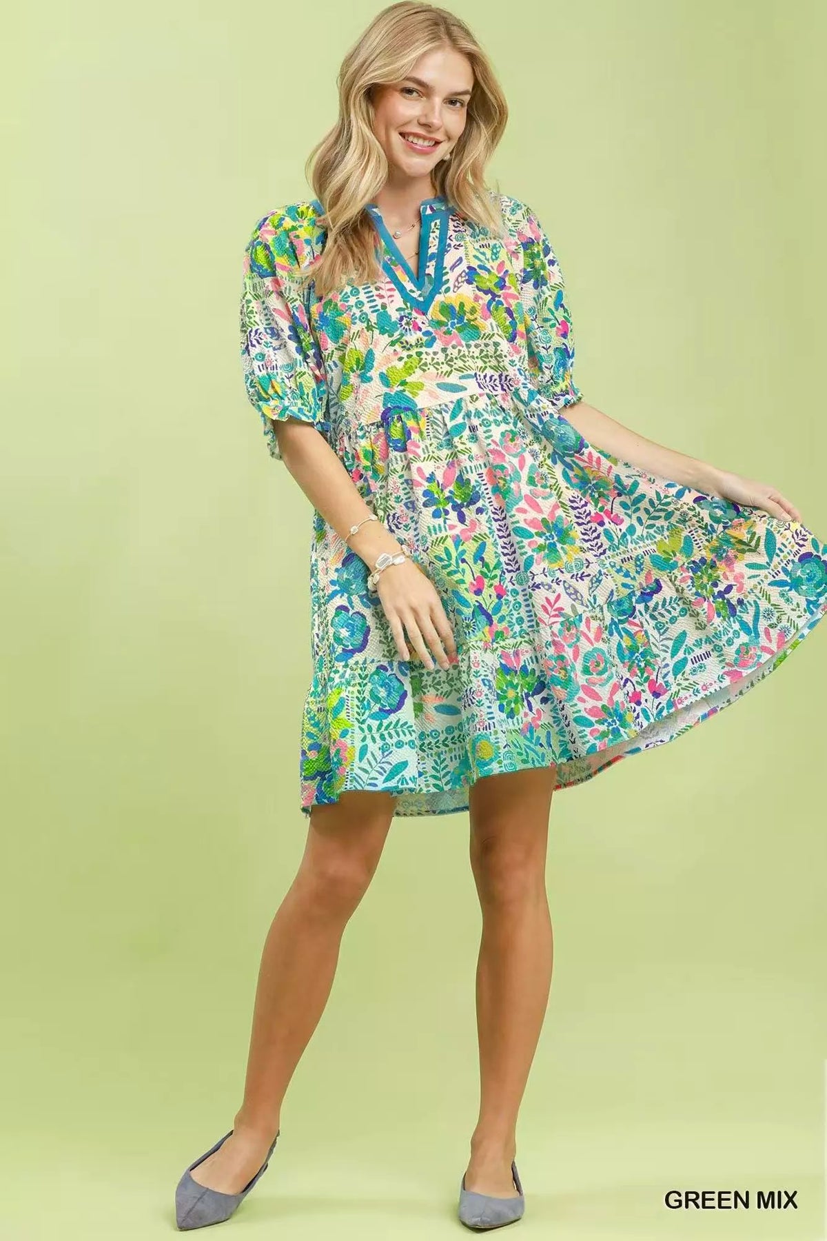 Green botanical print puff sleeve tiered dress full length view