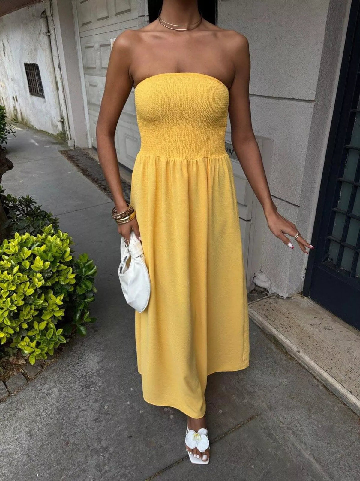 Strapless smocked maxi dress side view