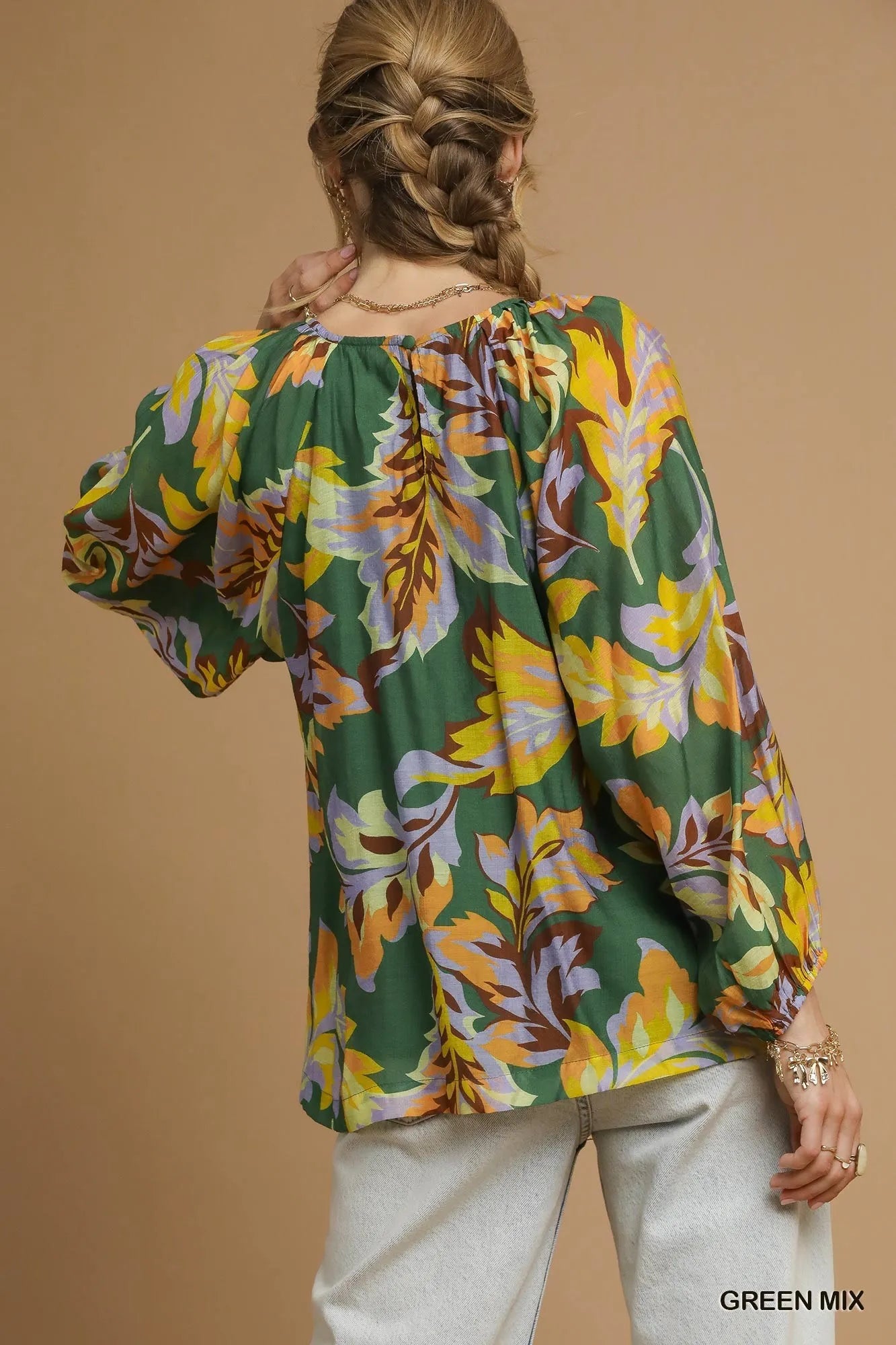 Umgee Mix Abstract Print Balloon Sleeve Blouse - Fashorio