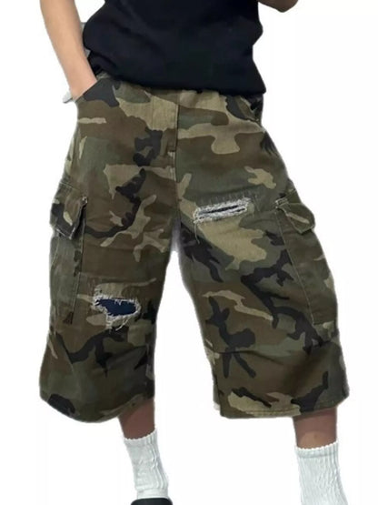 Men's Full Size Camouflage Cargo Denim Shorts with Distressed Details Plus Size - Fashorio