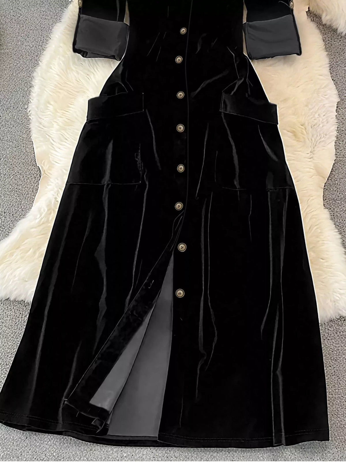 velvet button front midi dress styled full length look