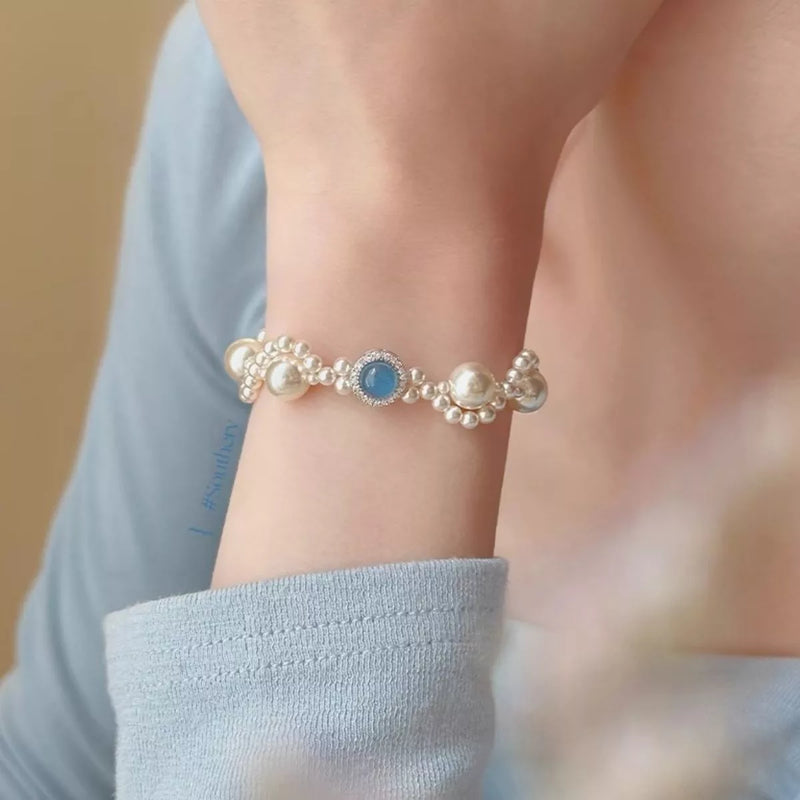 Pearl and zircon sterling silver bracelet, front view