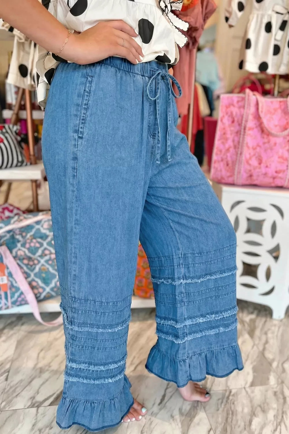 Ruffled hem wide leg chambray pants back view