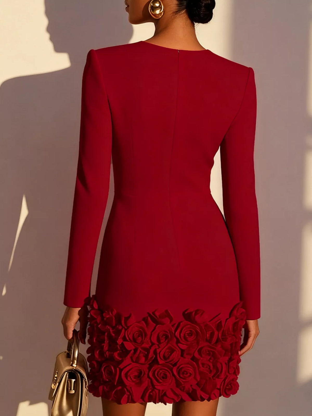 Rose embellished V neck dress back detail