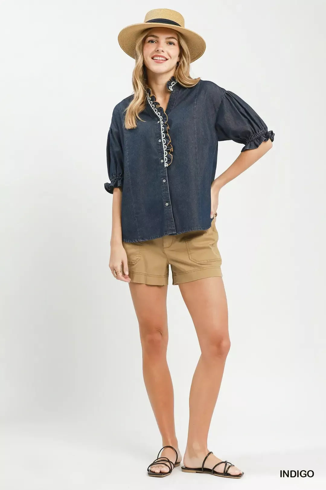 Indigo chambray scalloped trim button front blouse front view
