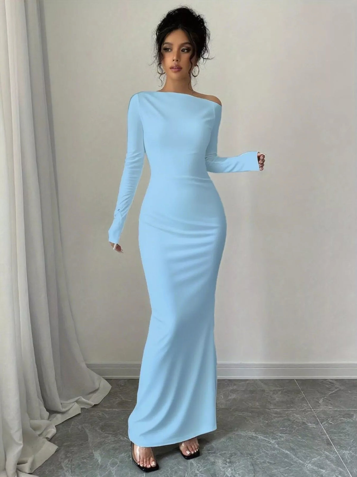 Ruched bodice close up on maxi dress