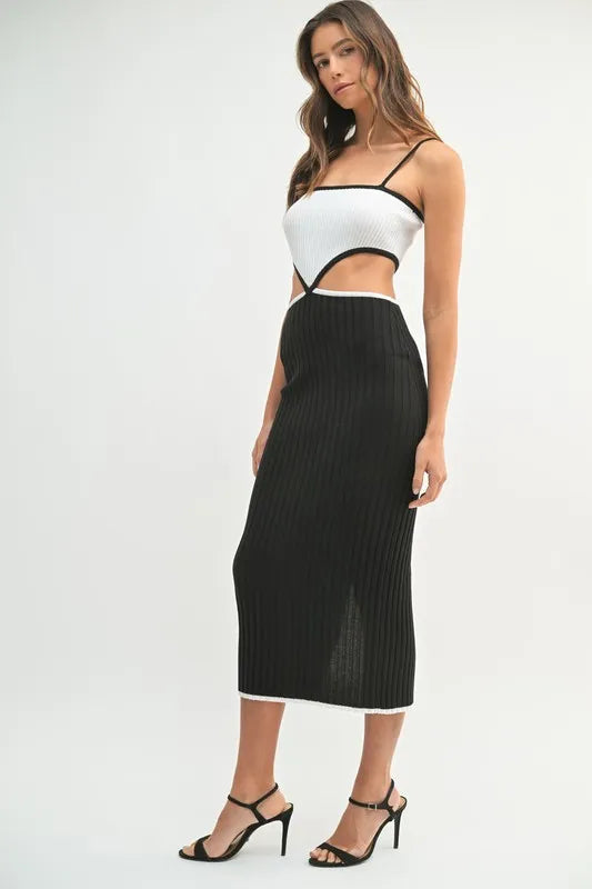 Ribbed Knit Cut Out Color Block Midi Dress in Black close up