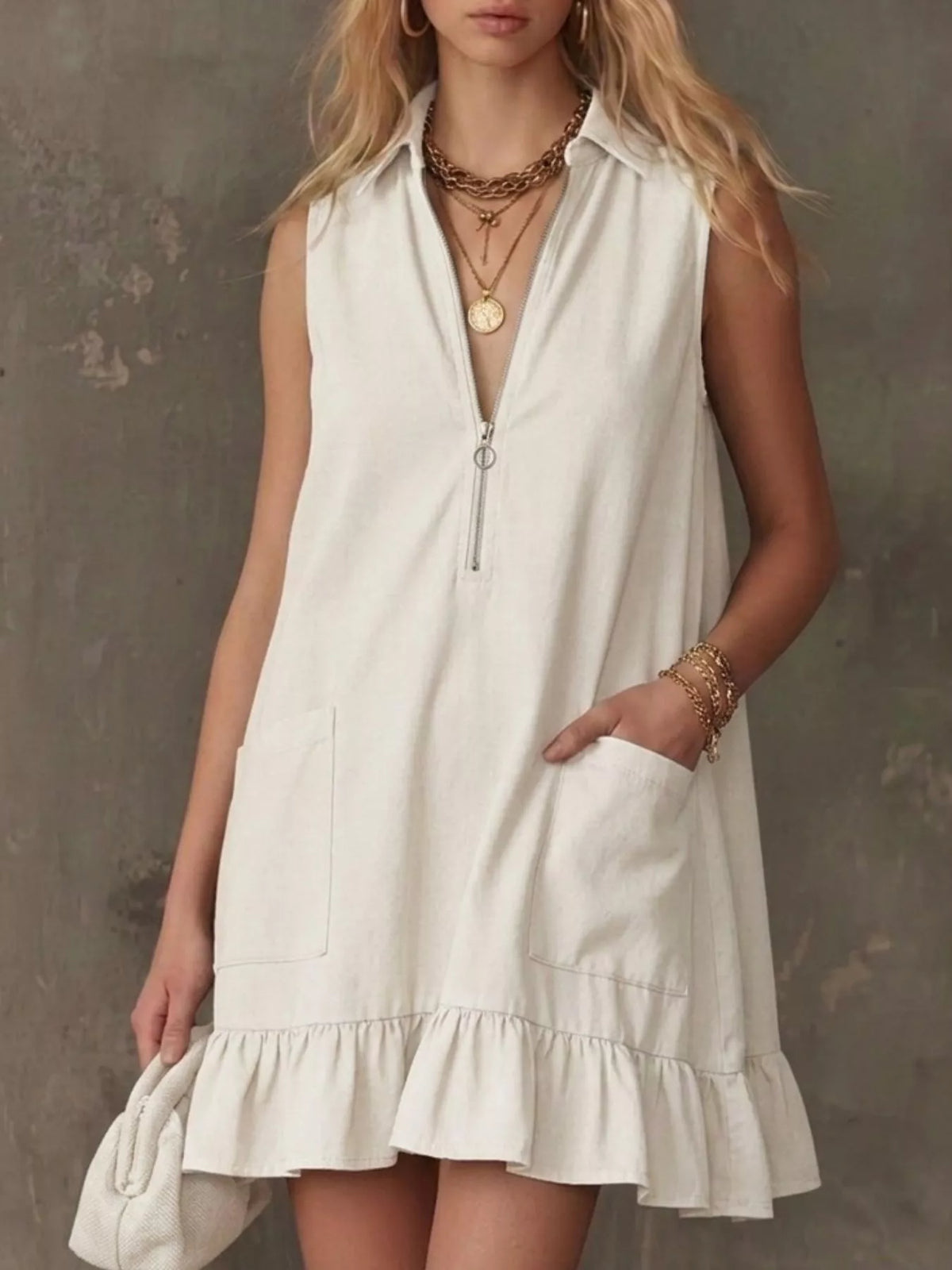 Collared zip front mini dress side view