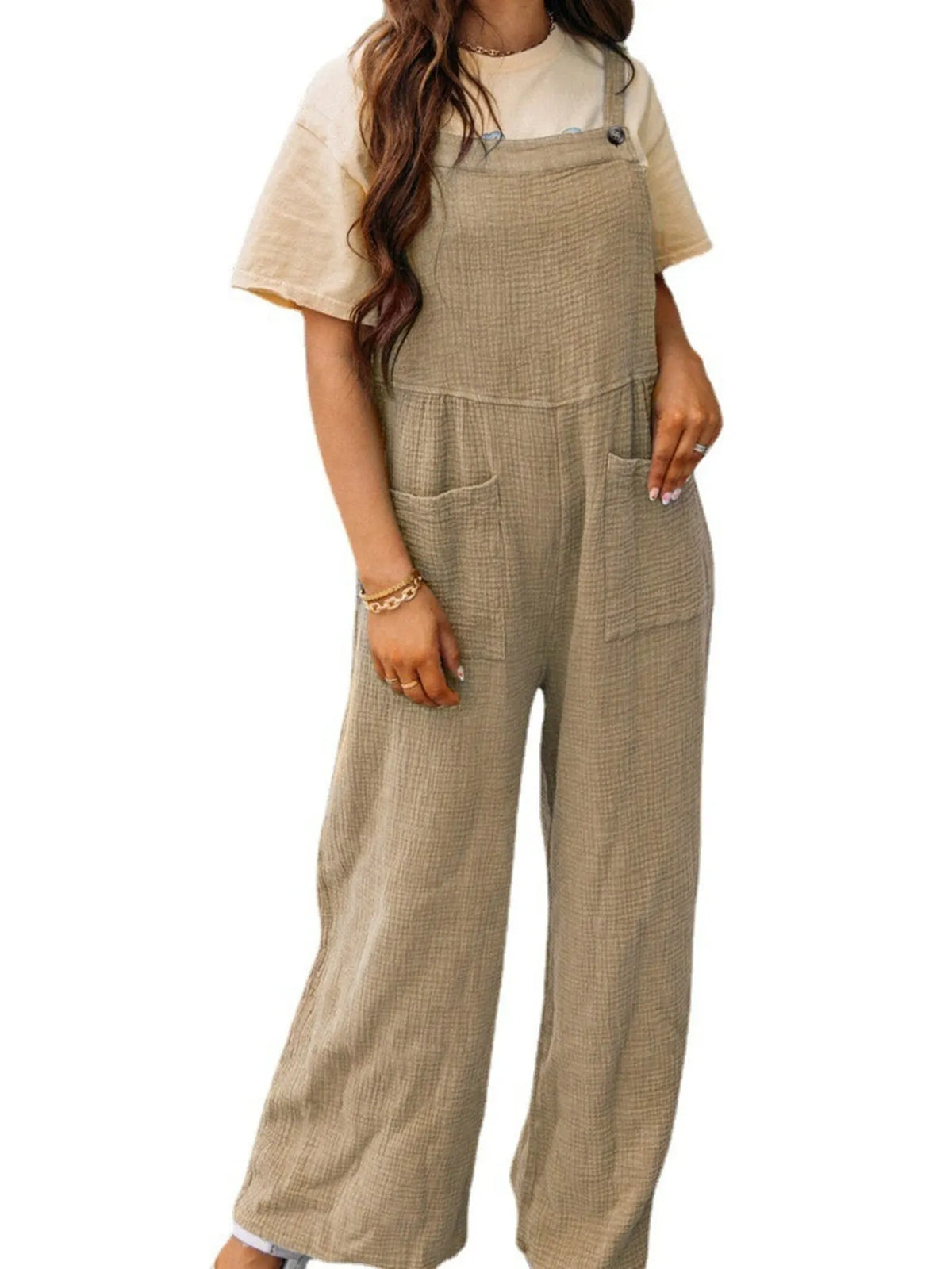 Casual Wide Leg Textured Overalls, view 7