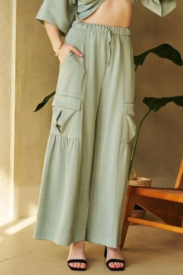 Davi & Dani Davi & Dani Drawstring Ruched Detail Wide Leg Pants
