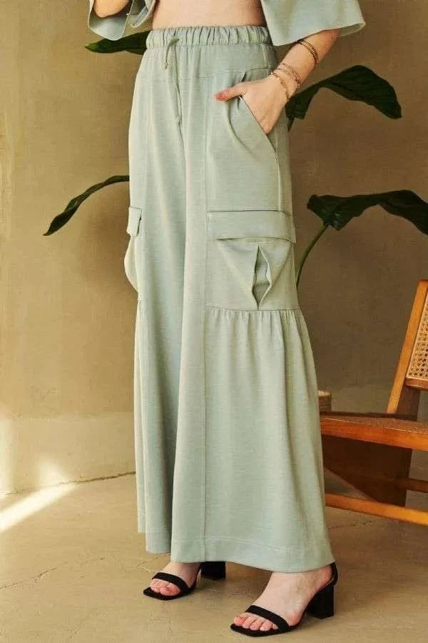 Davi & Dani Davi & Dani Drawstring Ruched Detail Wide Leg Pants