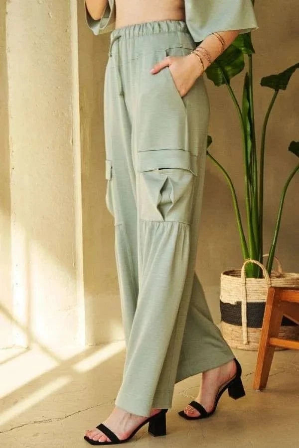 Davi & Dani Davi & Dani Drawstring Ruched Detail Wide Leg Pants