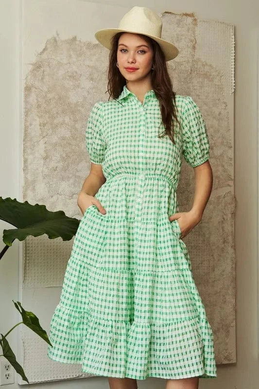 Davi & Dani dresses Davi & Dani Checkered Puff Sleeve Tiered Shirt Dress