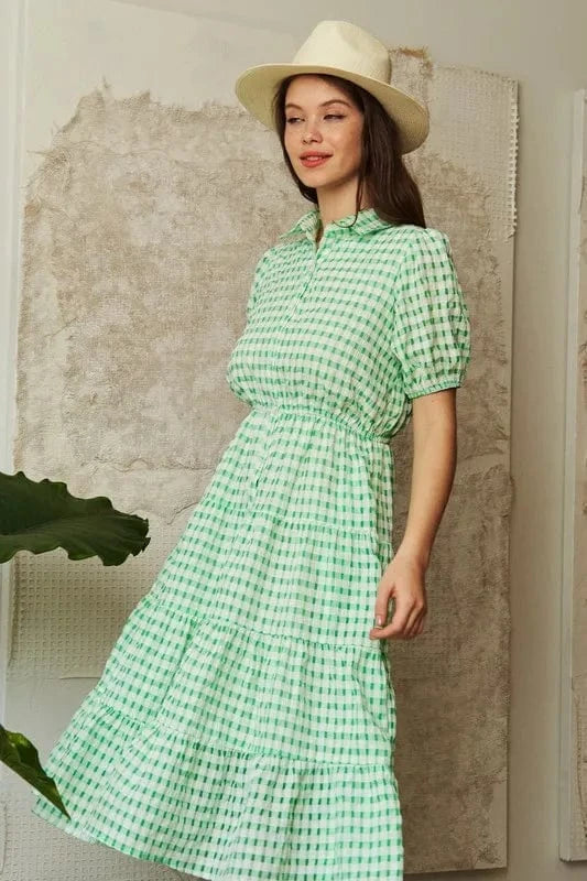Davi & Dani dresses Davi & Dani Checkered Puff Sleeve Tiered Shirt Dress
