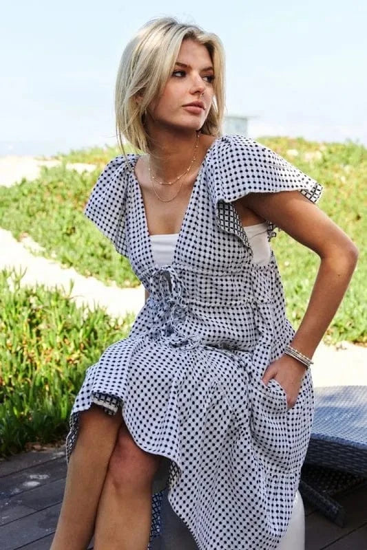 Davi & Dani dresses Davi & Dani Jacquard V-Neck Flutter Cap Sleeve Tiered Dress