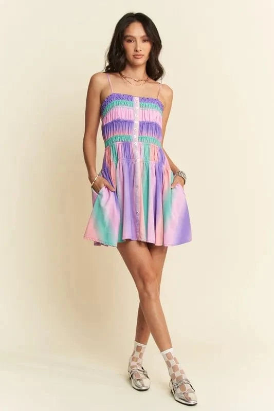 Davi & Dani dresses Davi & Dani Multi Color Ombre Printed Bodice Button Up Dress