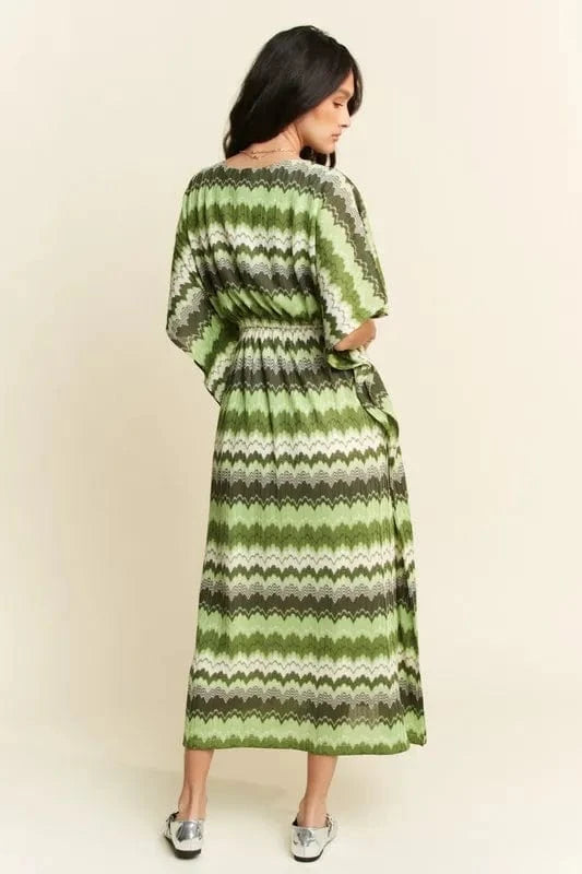 Davi & Dani dresses Davi & Dani Multi Color Wavy Tie Waist Flowy Sleeve Dress
