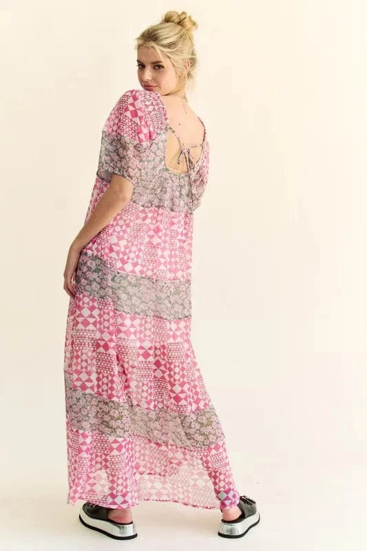 Davi & Dani dresses Davi & Dani Multi Floral Square Neck Puff Sleeve Maxi Dress